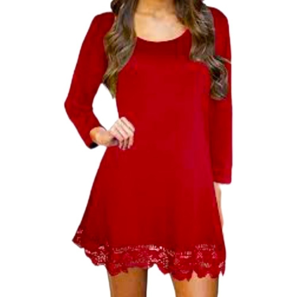 Tobi Red Long Bell Sleeve Lace Edge Poly Shift Dress S